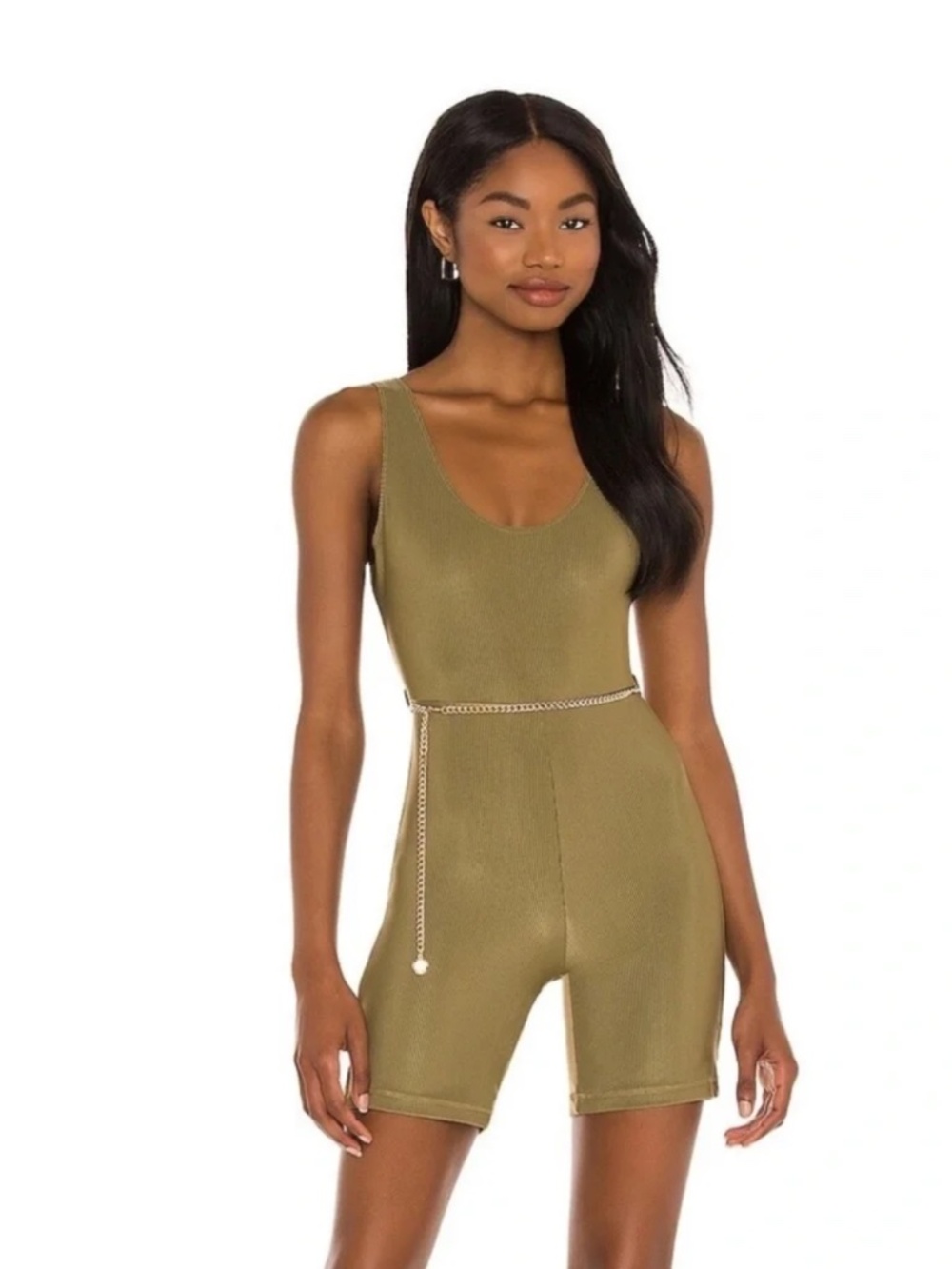 WeWoreWhat Olive Ribbed Scoop Romper – Size M – NWT